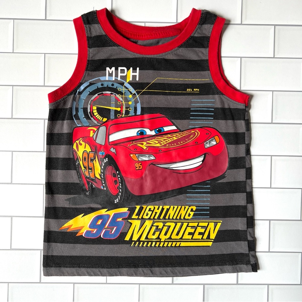 4🏎️🏁 Disney Pixar Cars Lightning McQueen Printed Striped Tank Top T-Shirt LMQ